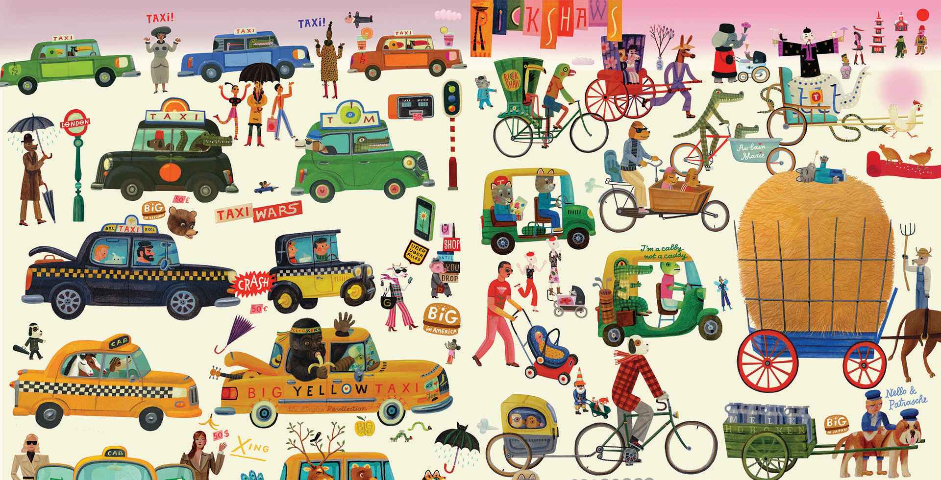 De loei-drukke tekstloze prentenboeken van Tom Schamp werken drempelverlagend voor kinderen met een hekel aan boeken. Illustratie uit Het vrolijkste en grootste boek van alle voertuigen van Tom Schamp.